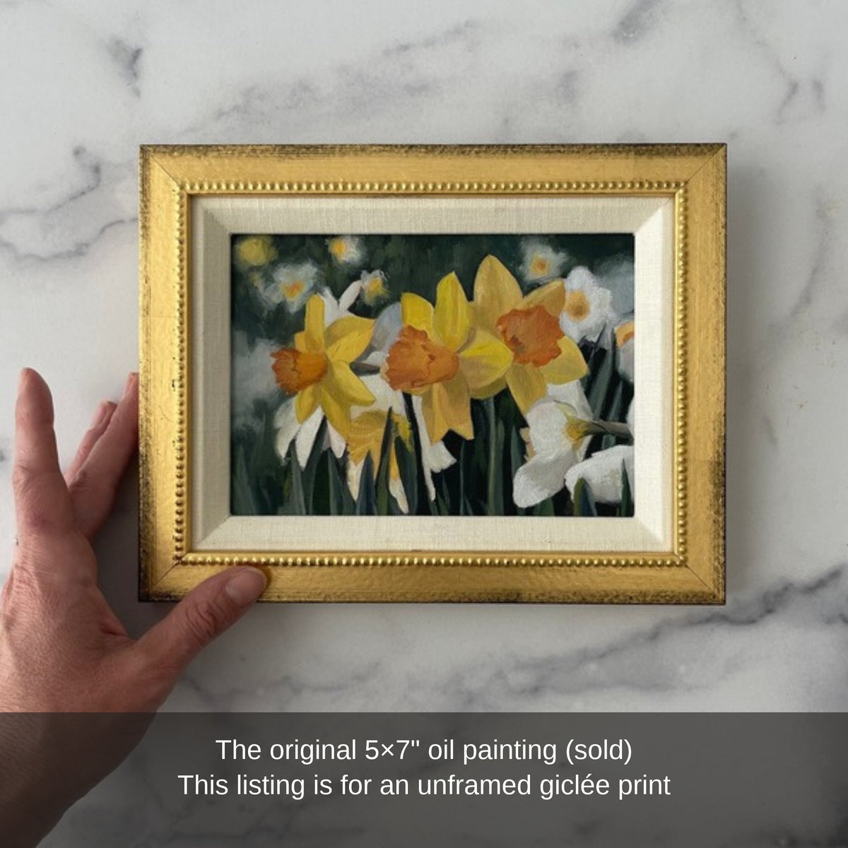 The original Daffodil Tete-a-Tete oil painting in a gold beaded frame (sold)
