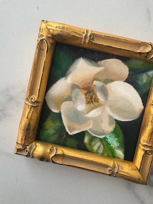 Magnolia IV, detail of the gold bamboo frame and brushwork