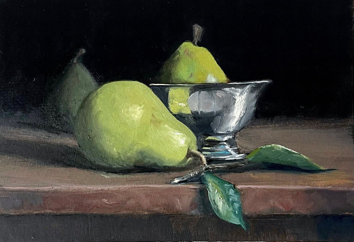 Pears with silver bowl still life art print by Michelle Kobryn