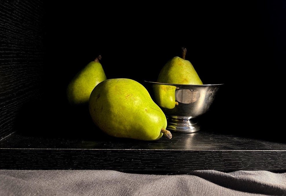 “Pears with Silver Bowl”- 5x7" oil on paper