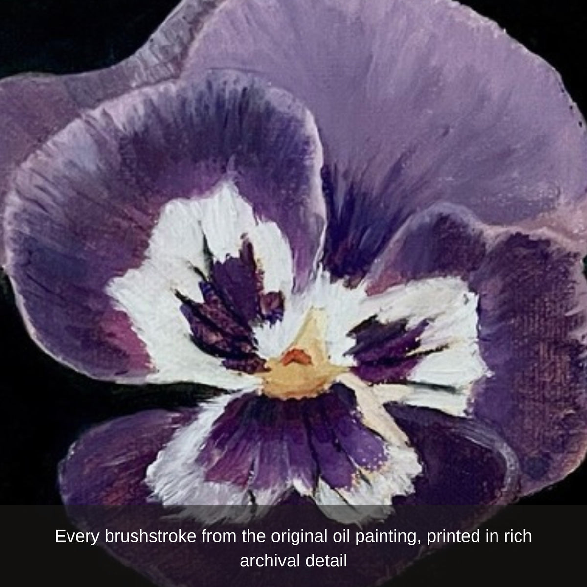Close-up of brushstrokes on the painted pansy petals