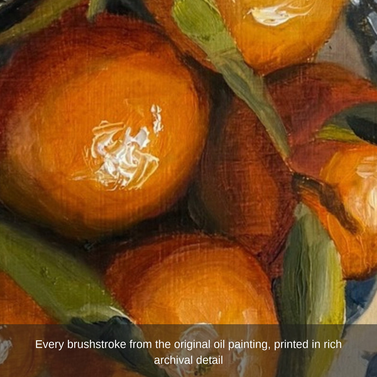 Close-up of brushstrokes on the painted clementines