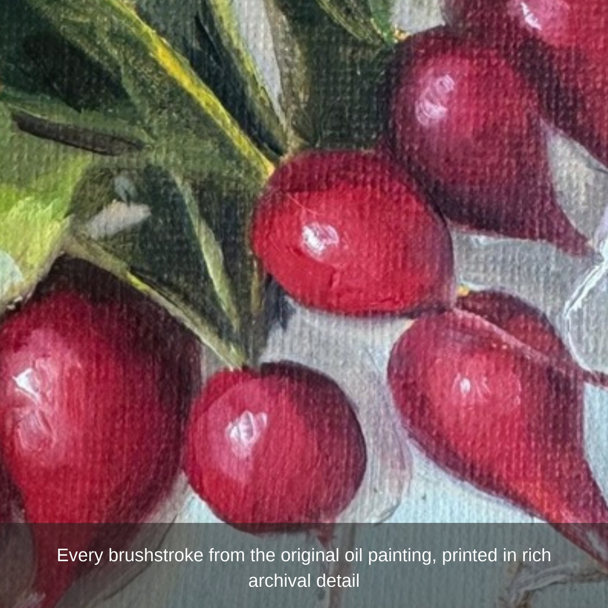 Close-up of brushstrokes on the painted radishes