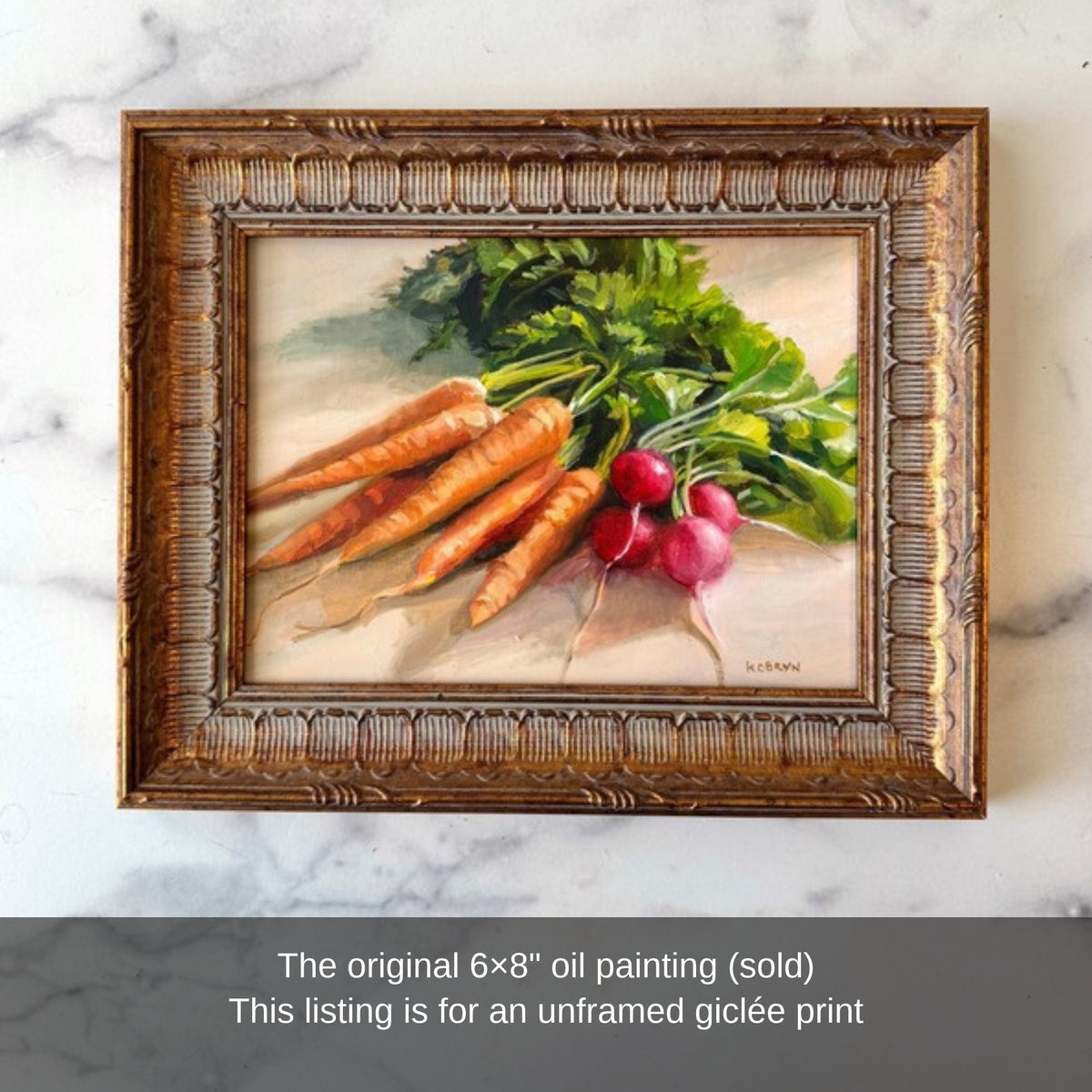 The original Carrots and Radishes oil painting in an antique gold frame (sold)