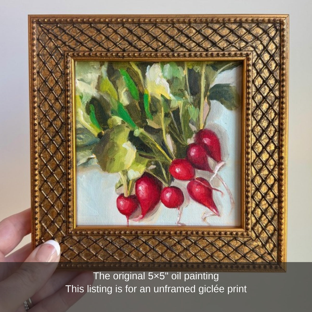 The original Radishes oil painting in a gold lattice frame