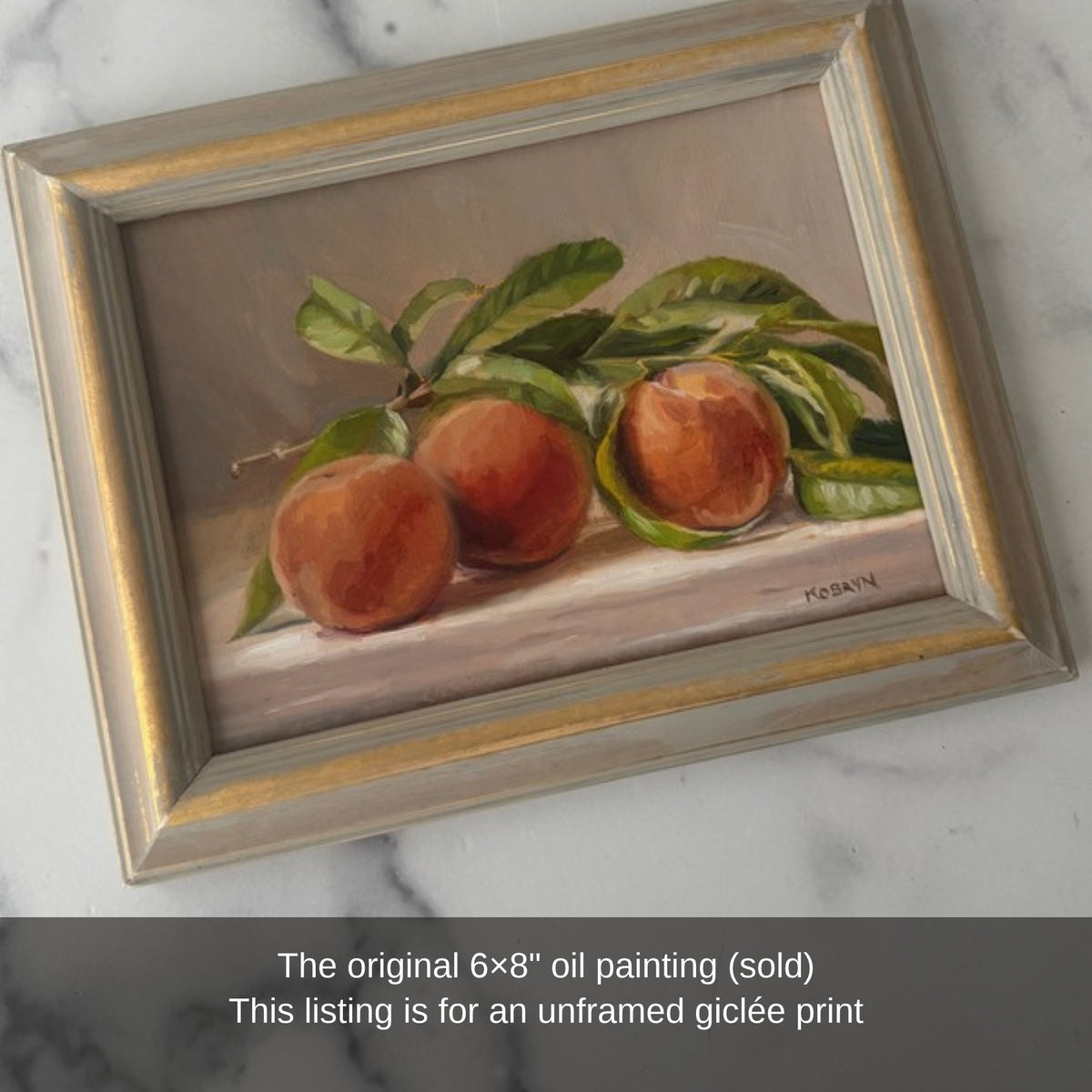 The original Peaches oil painting in a graywashed gold frame (sold)