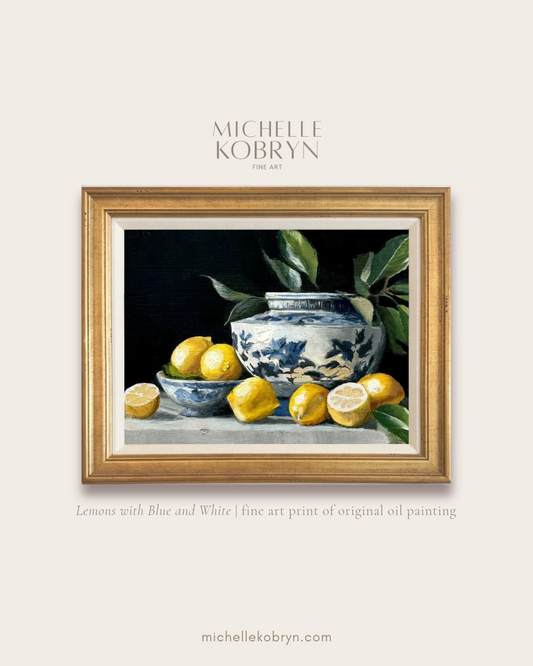 Lemons with Blue and White Fine Art Print
