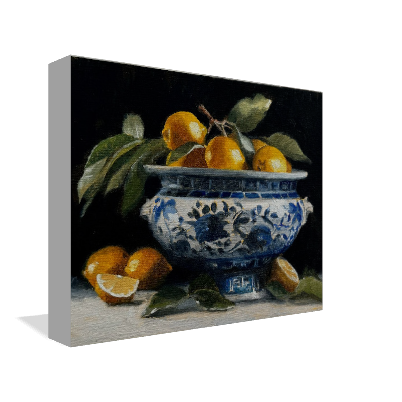 "Lemons with Blue and White" Print on Canvas
