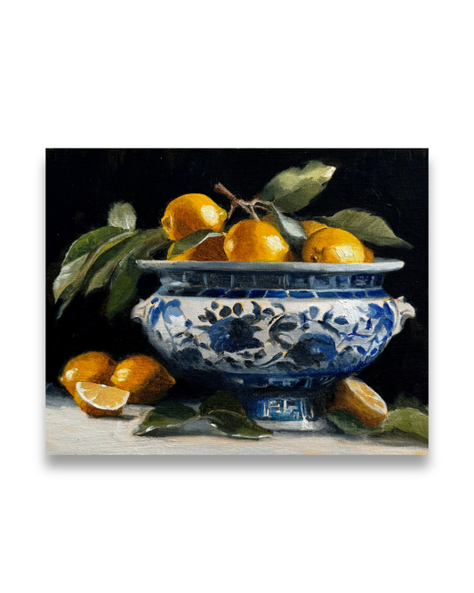 "Lemons with Blue and White" Print on Canvas