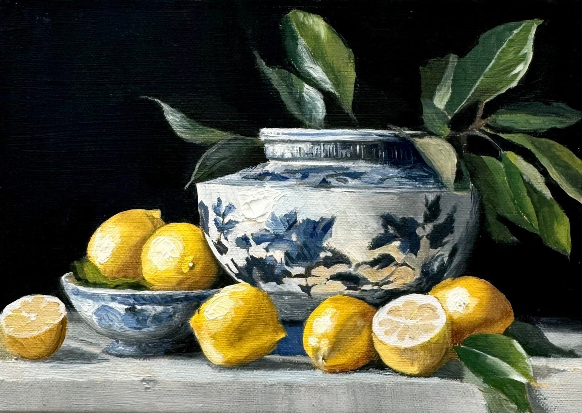 Lemons and blue and white chinoiserie bowl, oil still life by Michelle Kobryn