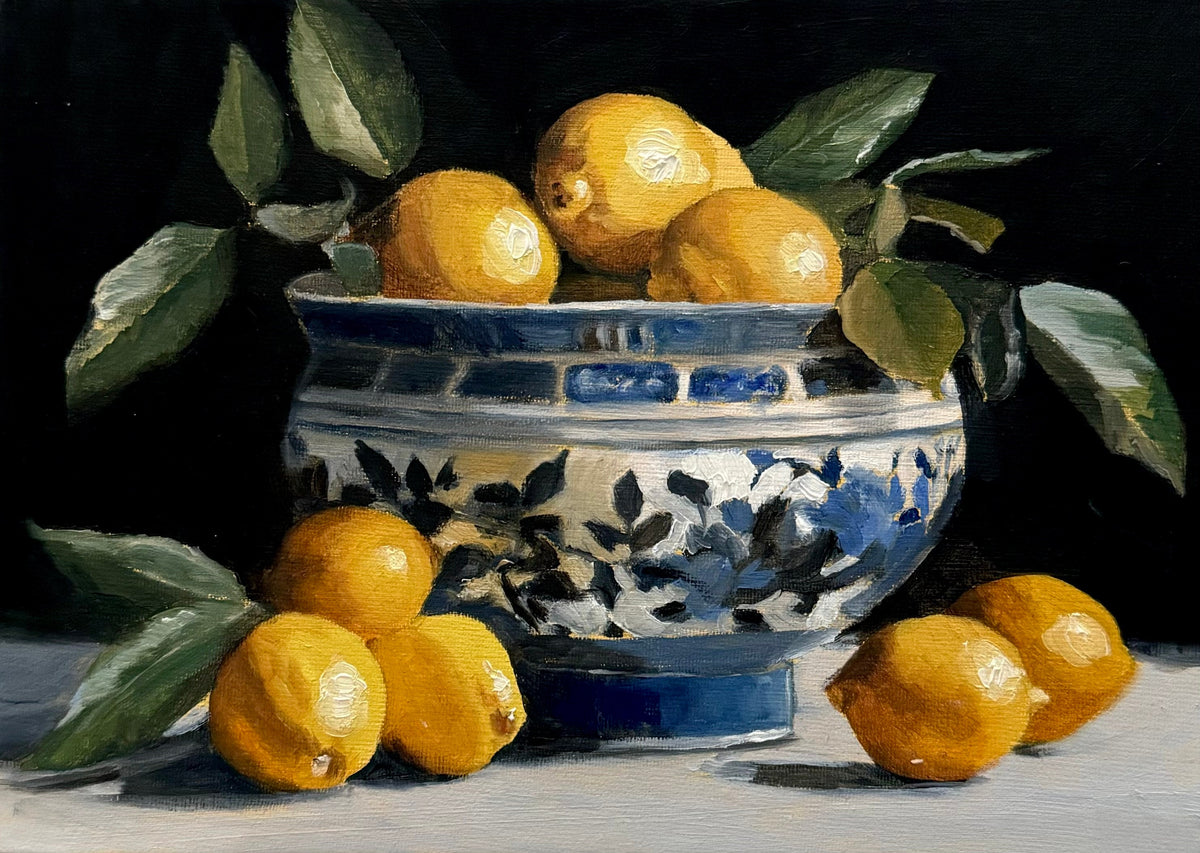 Lemons in a blue and white bowl, still life art print by Michelle Kobryn