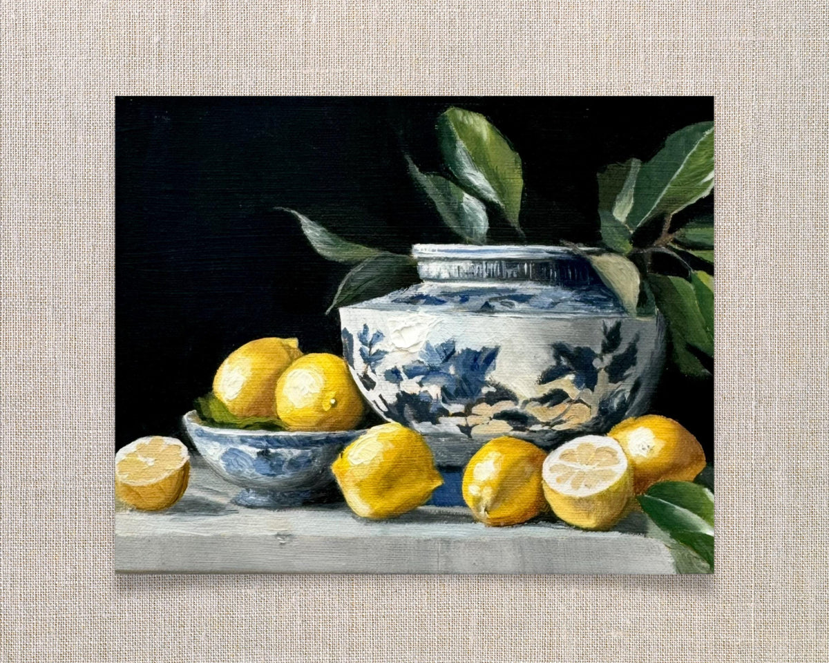 Lemons and chinoiserie bowl print in a room