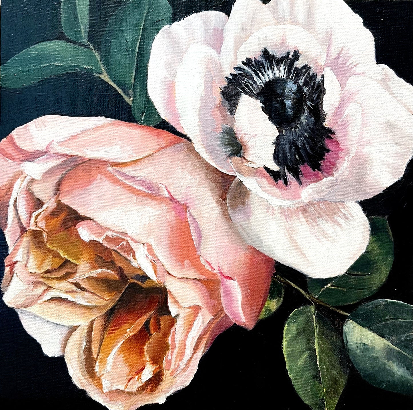 “Peony and Anenome”- 8x8” oil on linen panel