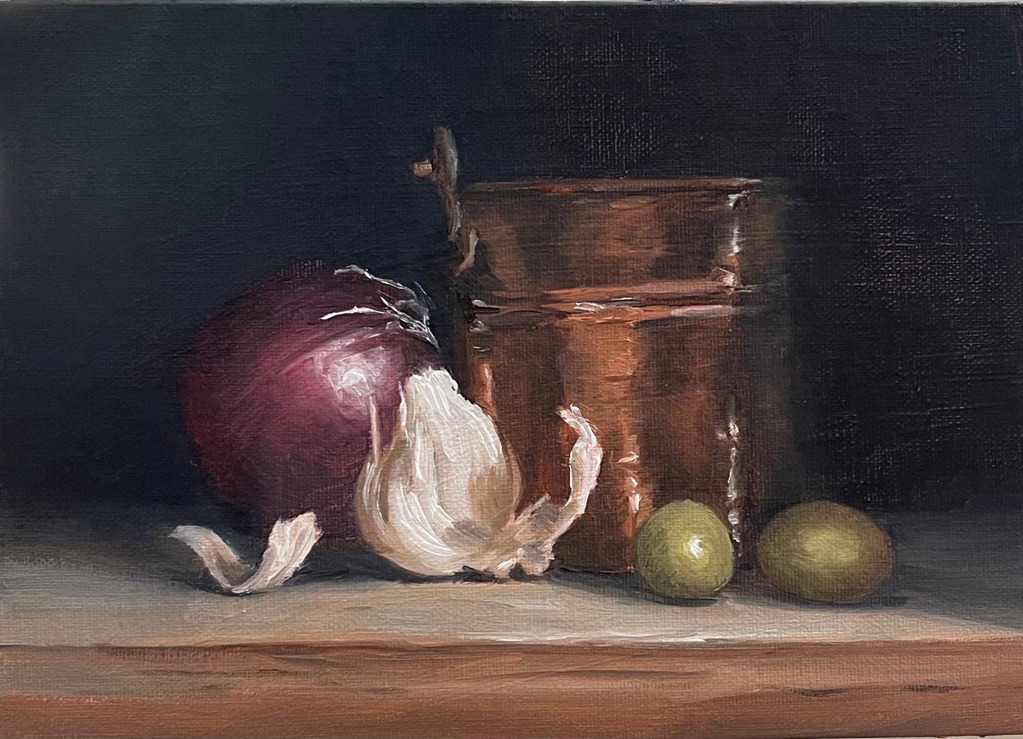 “Onion and Garlic with Copper Cauldron" - 5x7 oil on linen panel