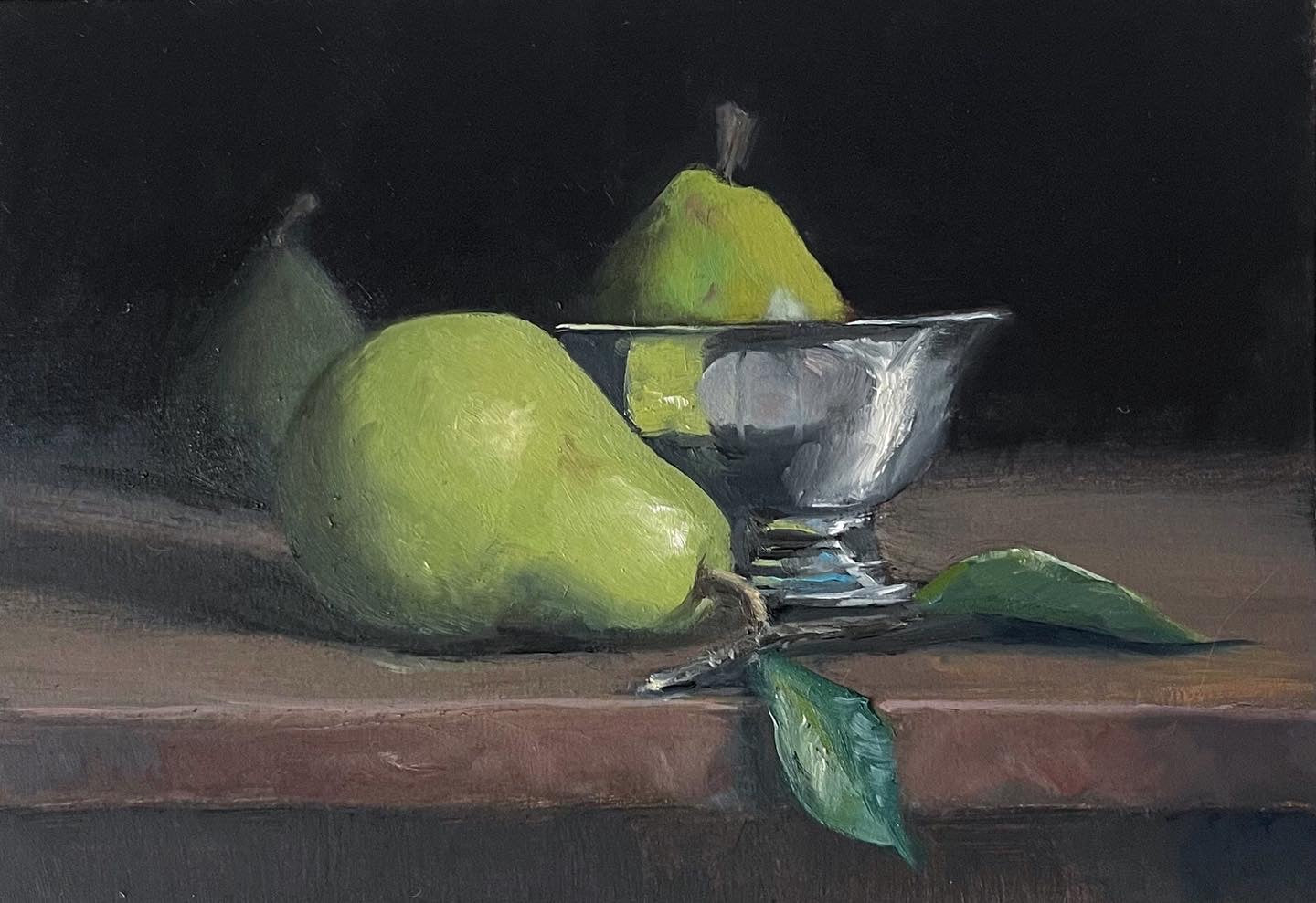 “Pears with Silver Bowl”- 5x7" oil on paper